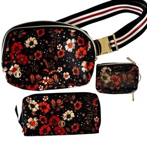 Simply Southern Black Cream and Red Floral Crossbody Bag Wallet ID Holder Set